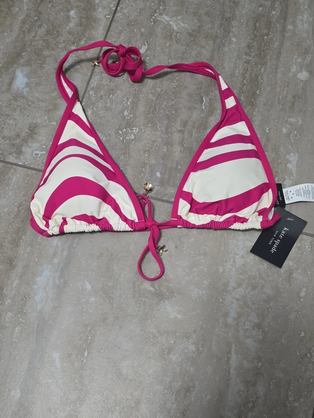 kate spade Pink & Creme Stripe Triangle Bikini Top Sz Med Nwt